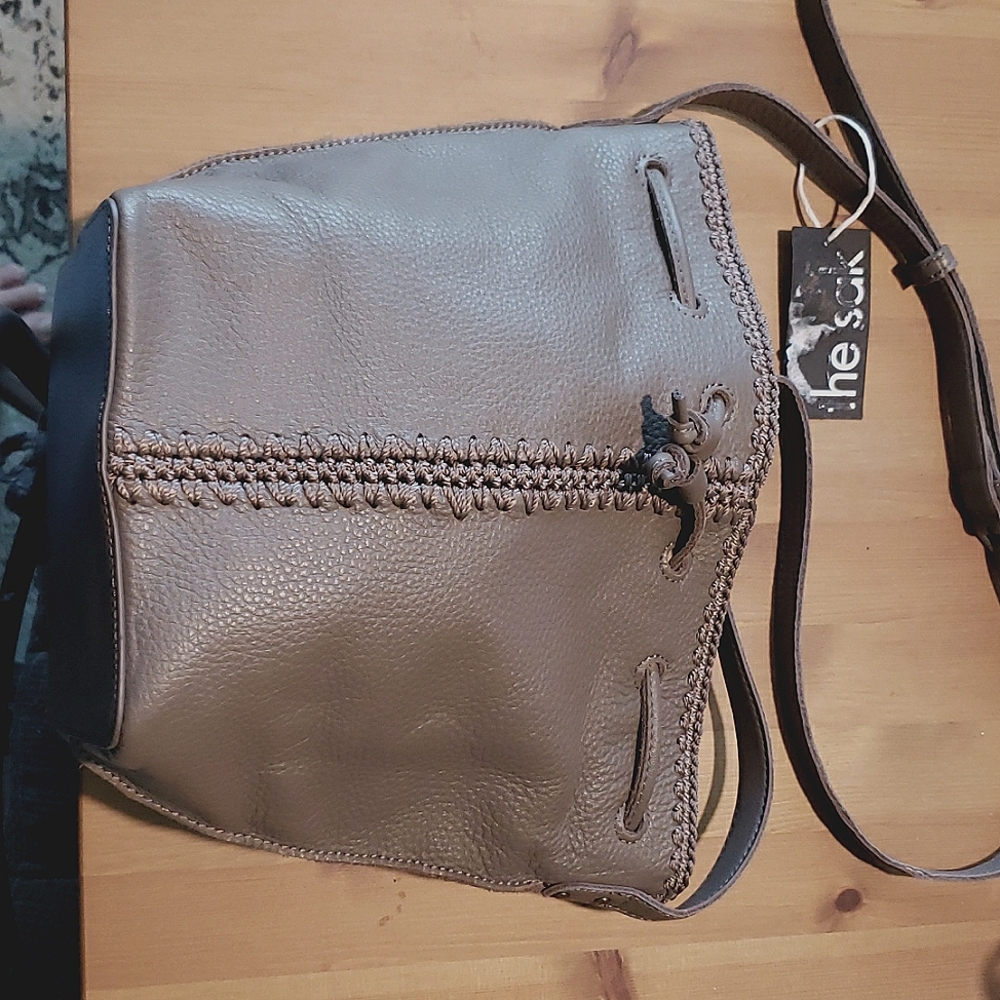 THE SAK Ivy Leather Bucket Bag with crochet tri.